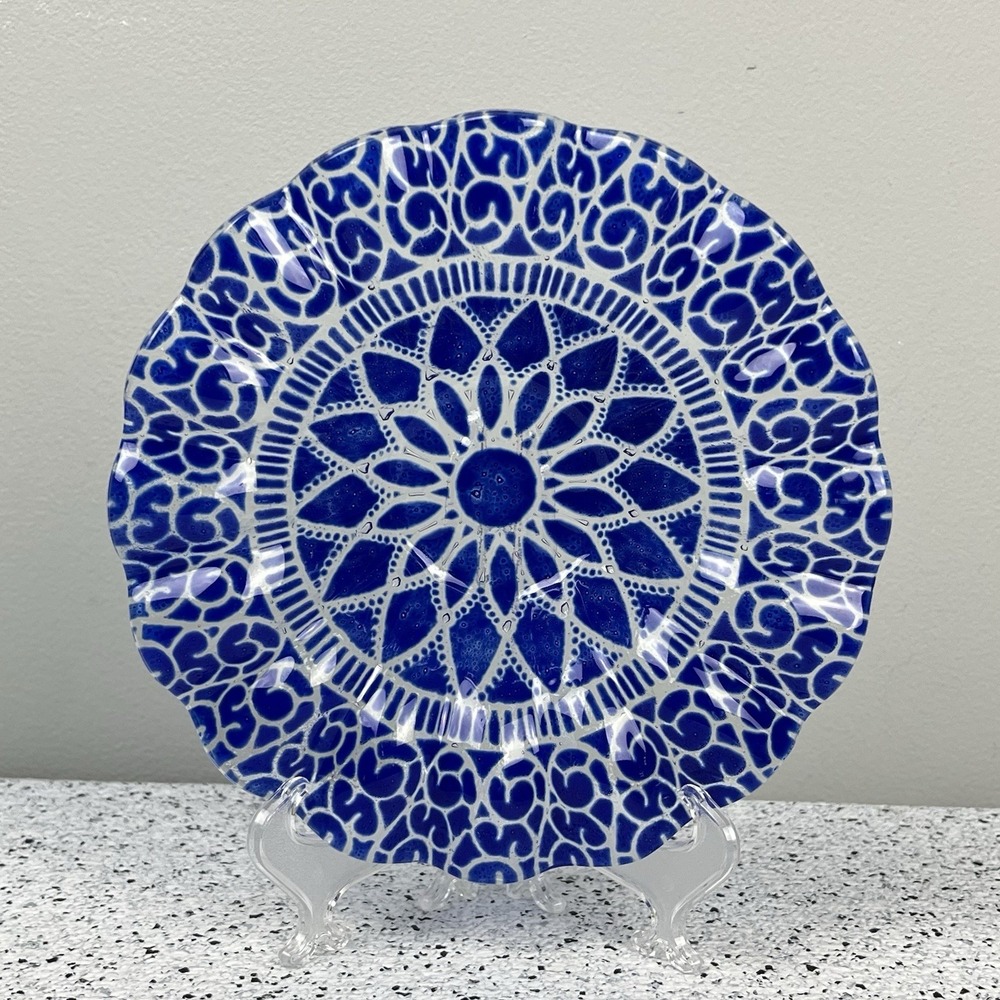 Vintage Sydenstricker Cobalt Blue Clear Art Glass Dish Bowl Ruffled Edge 6.75"